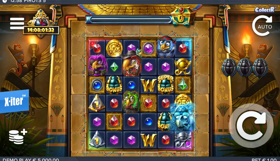 Pirots 5 title screen with the Egyptian temple grid