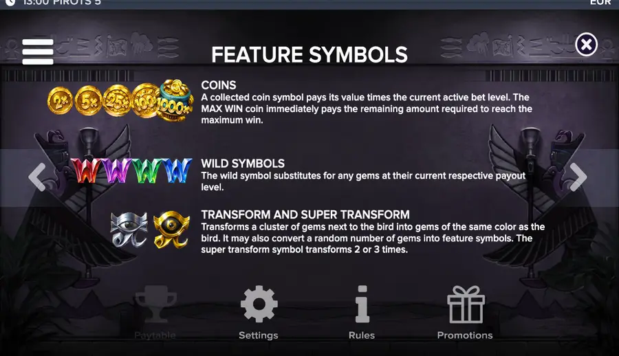Pirots 5 paytable screen showing the gem tiers